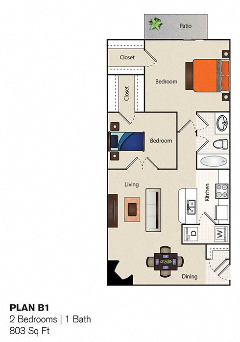 Floor plan for 2 beds, 1 bath, 803 sqft